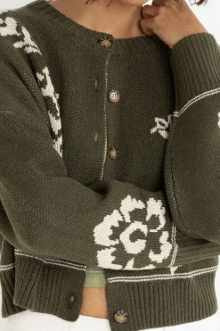 Rhythm Fleece*Antique Floral Crop Cardigan Olive