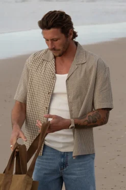 Rhythm Woven Shirts*Cross Relaxed Ss Shirt Natural Mixed Check