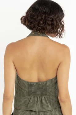 Rhythm Fashion Tops*Louise Check Halter Top Olive