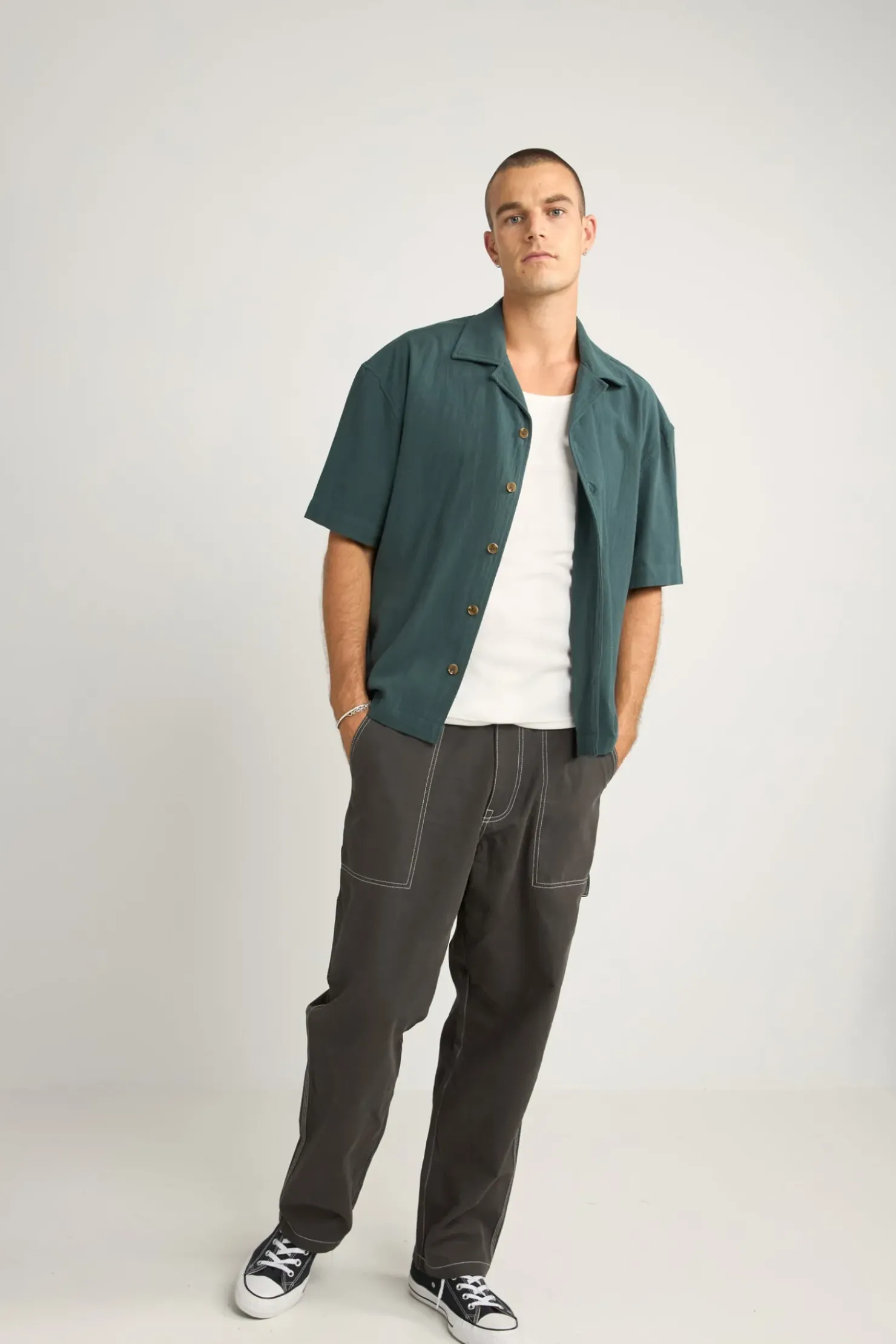 Rhythm Woven Shirts*Relaxed Texture Ss Shirt Teal
