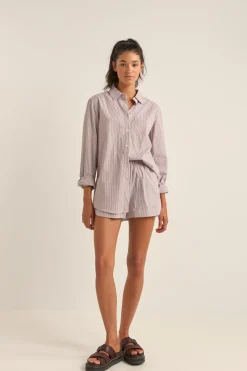 Rhythm Overswim|Fashion Tops*Zephyr Stripe Beach Shirt Chocolate